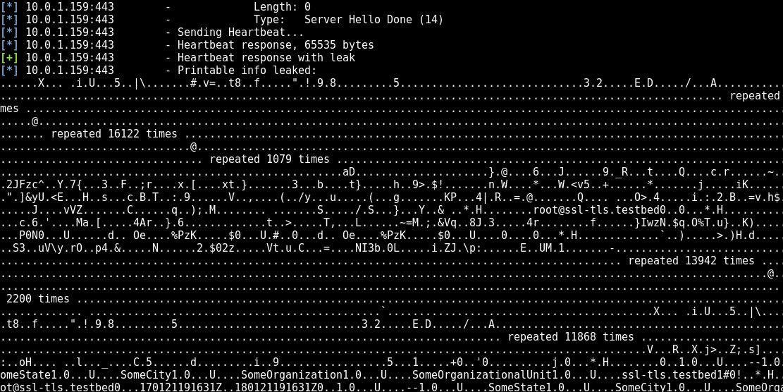 Output from Metasploit after exploiting a Heartbleed vulnerability