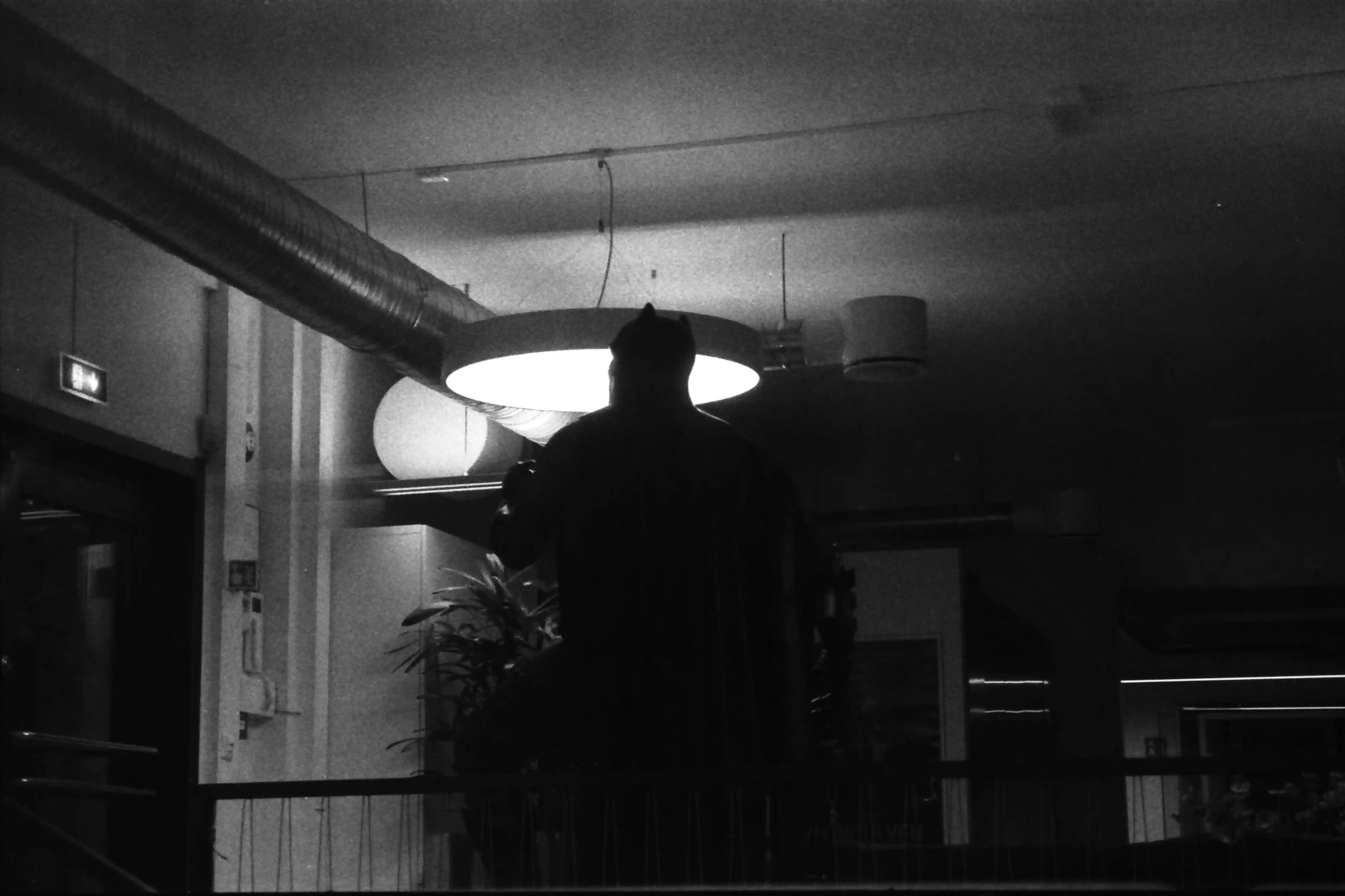 Black and white picture of a dark noir-esque picture of a Batman statue in front of a round light