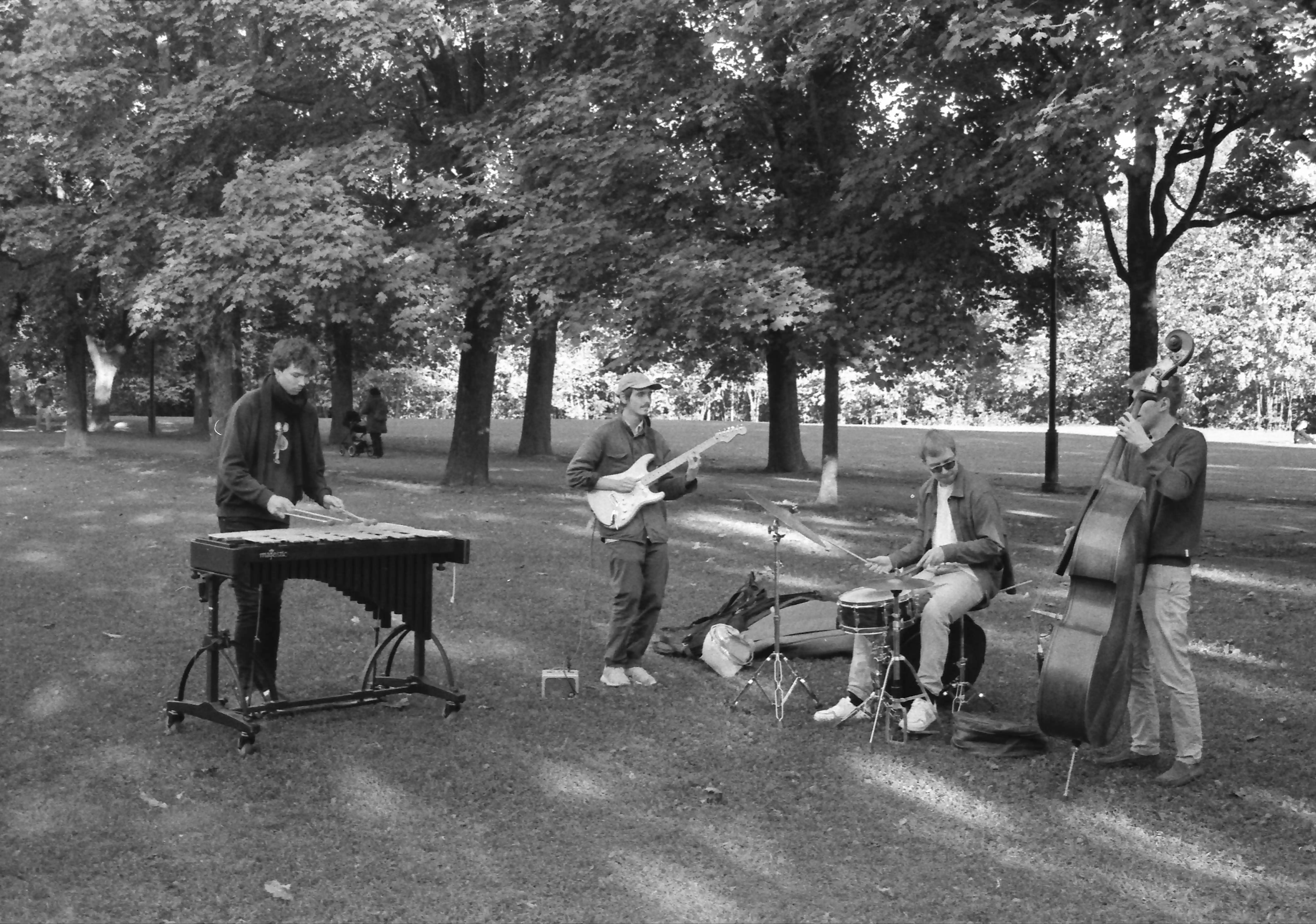 Black and white picture of a band in a park playing several instruments